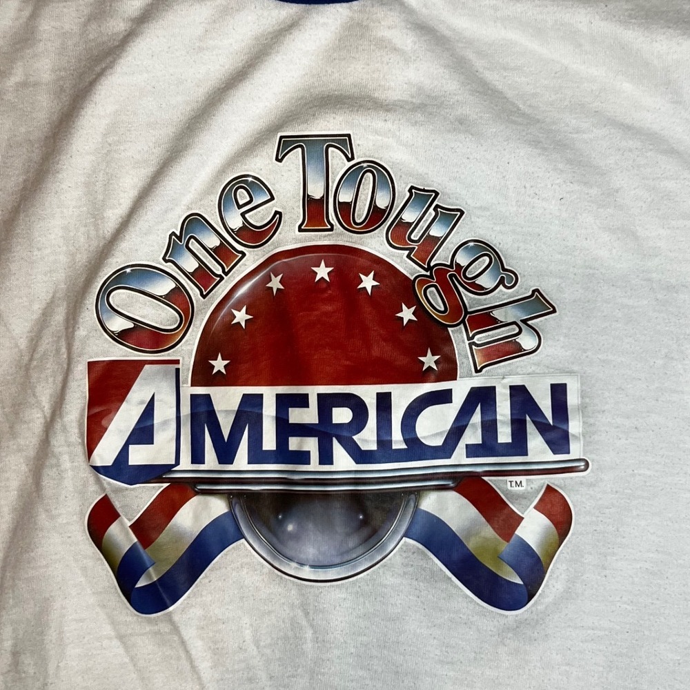 Vintage 80s One Tough American Ringer T-Shirt Stedman White Blue Large USA Made